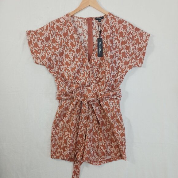 Chocolate U.S.A., Short Romper, Terracotta/Cream Print, Zip Back, Waist Tie SZ L - Picture 4 of 14